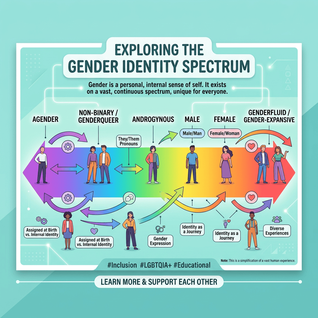 Infographic titled Exploring the Gender Identity Spectrum with identity labels and inclusion message